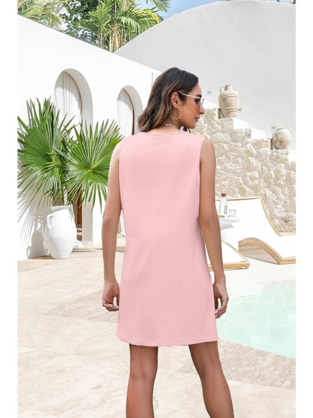 Women's Pink Stylish Sleeveless Beach Vacation Sundress Short Tank Mini Dress - Picture 5 of 5